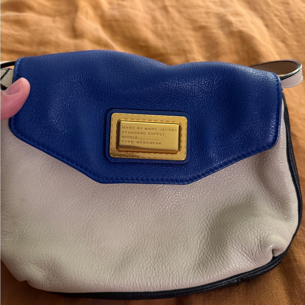 Marc by Marc Jacobs Blue and Cream Leather Crossbody with Gold Plaque